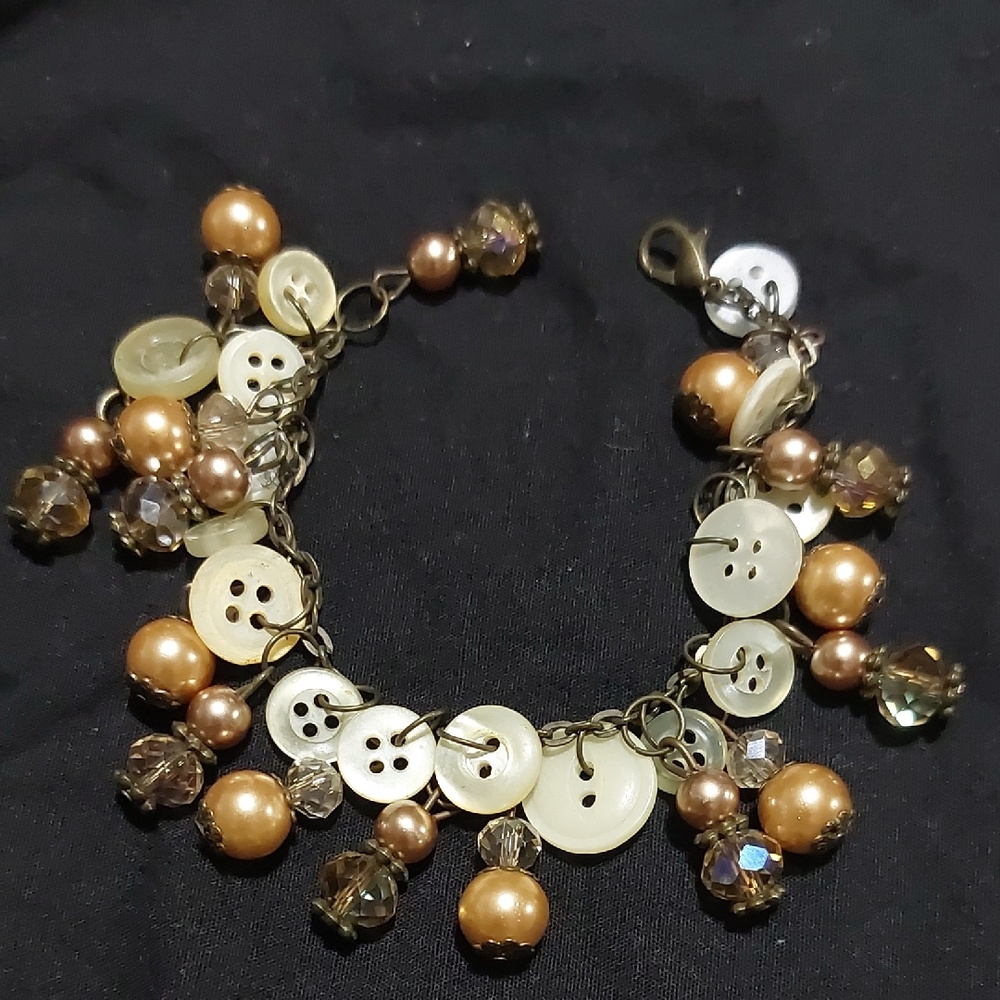 Steampunk Gold and Cream Button Charm Bracelet
